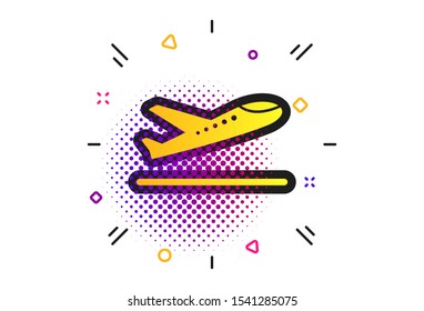 Plane takeoff icon. Halftone dots pattern. Airplane transport symbol. Classic flat takeoff icon. Vector