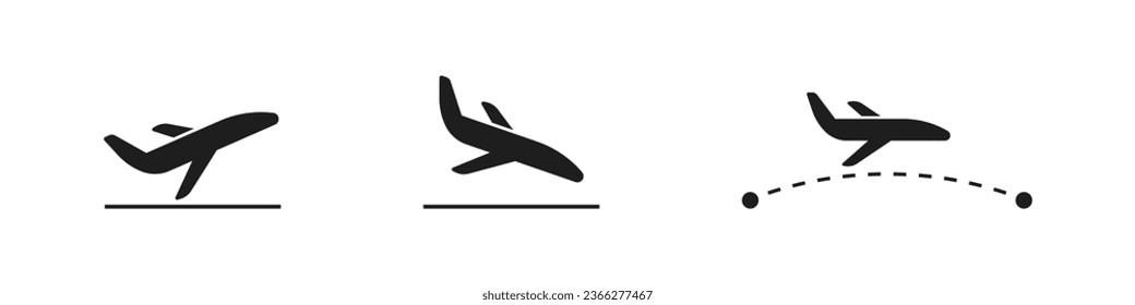 Plane takeoff and landing icon set. Fly airplane departure symbol collection.