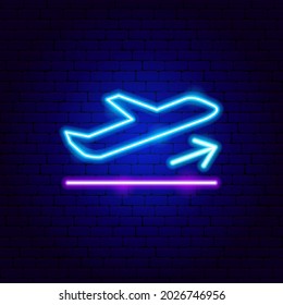 Aviso de neón de despegue aéreo. Ilustración vectorial de la promoción de vuelos.