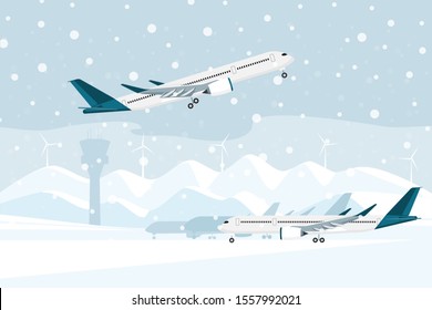 The plane takes off from the airport during a snowfall. Vector illustration