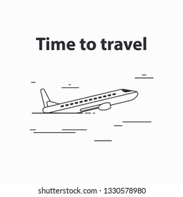 
The plane takes off among the clouds. Time to travel. Simple linear icon on white isolated background.