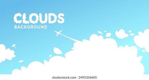 The plane takes off from the clouds. Fluffy clouds. Cartoon clouds in a blue sky. Cute vector illustration for creativity. Background for illustration.