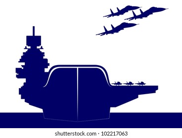 The plane takes off from the deck of an aircraft carrier. The illustration on the military theme.