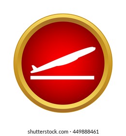 Plane takes off icon in simple style in red circle. Fly symbol