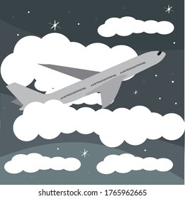 A plane takes off in the night clouds