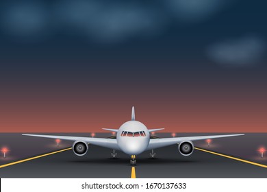 The plane takes off on the runway at the airport during the night. Airplane standing on runway front view. Vector Illustration.