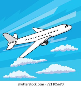 Plane takes off pop art style. Floating in clouds airplane vector illustration in comic style. EPS 10.