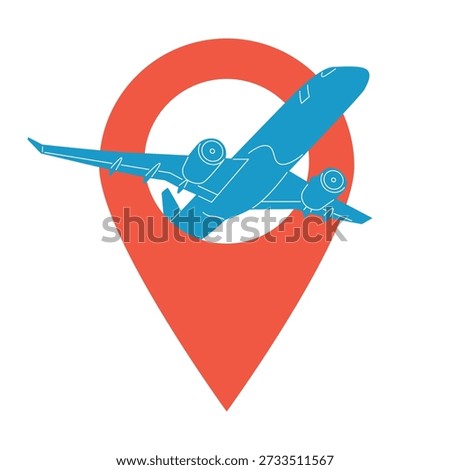 The plane takes off from the red location pin. Vector illustration isolated on a white background