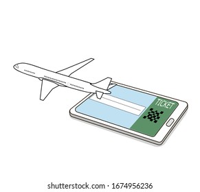 the plane takes off from the tablet. concept of electronic boarding an airplane. vector illustration.