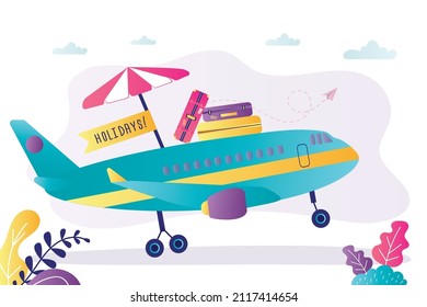 Plane takes passengers on vacation to warm countries. Airplane takes off with suitcase and umbrella. Promotion banner. Aircraft flies on journey. Time to travel. Trendy flat vector illustration