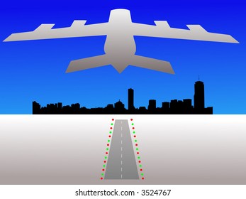 Plane taking off from airport with Boston skyline illustration