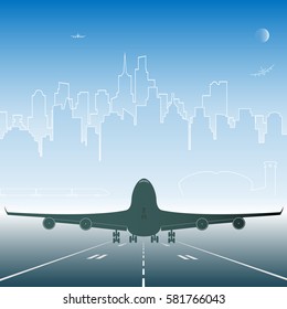 a plane taking off in the background the city in a clear weekday