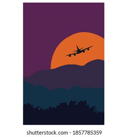 plane taking off at the evening vector illustration, air plane in the night sky, night flight vector, traveling concept.