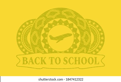 Plane taking off icon and Back to School text Yellow stroke badge. Lemon classic background. Intense illustration. 