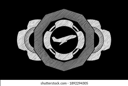 Plane taking off icon badge with realistic chalk texture. Chalkboard graceful background. Vector illustration. 