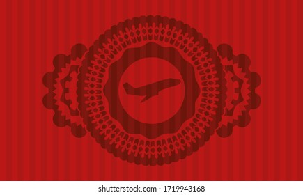 Plane taking off icon inside red color realistic emblem. Bars delicate background. Artistic illustration. 