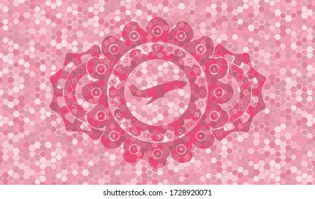 Plane taking off icon inside pink color tile mosaic pattern realistic emblem. Geometric hexagon classic background. Vector illustration. 