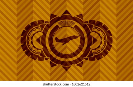 Plane taking off icon inside abstract orange realistic badge. Geometric chic background. Intense illustration. 