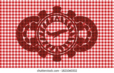 Plane taking off icon inside red checkered tablecloth realistic emblem. Restaurant classic background. Illustration. 