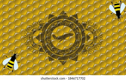 Plane taking off icon inside honey bees emblem. beekeeping graceful background. Artistic illustration. 