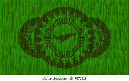 Plane Taking Off Icon Inside Green Sod Grass Emblem. Eco Exquisite Background. Artistic Illustration. 