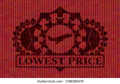 Icono de despegue de avión y texto de precio más bajo Banda roja de lana. Fondo elegante de tela. Ilustración. 