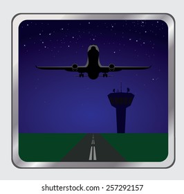 Plane taking off icon at night with watch tower and road
