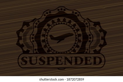 Icono de despegue del avión y emblema de madera oscura de texto suspendido. Marrón y bonito fondo. Ilustración vectorial. 