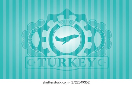 Icono de despegue del avión y emblema Turquoise de texto Turquía. Barras de fondo atractivo. Ilustración. 