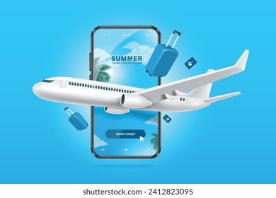 Plane taking off or landing with luggage or baggage and blue passport All in front of a smartphone with summer sky view in background. Below is button for booking online tickets for summer travel