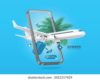 Avión despegando o aterrizando con equipaje o equipaje y pasaporte azul Todo delante de un smartphone con vista al cielo de verano en segundo plano. Abajo hay un botón para reservar entradas en línea para viajes de verano