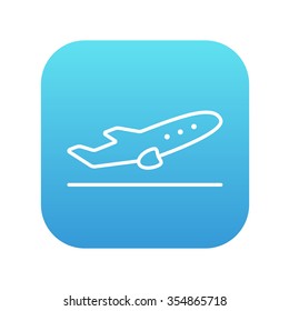Plane taking off line icon for web, mobile and infographics. Vector white icon on the blue gradient square with rounded corners isolated on white background.