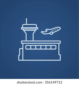 Plane taking off line icon for web, mobile and infographics. Vector light blue icon isolated on blue background.