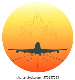 a plane taking off on the background of the rising sun.
