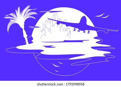 plane taking off over the tropical sea against the backdrop of the sun