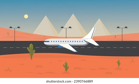 Plane taking off. Plane with the pyramids of Egypt. Plane in the desert. Plane on the road