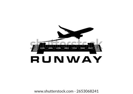 A plane taking off from a runway logo design.  Travel, flight, and aviation concept vector illustration.