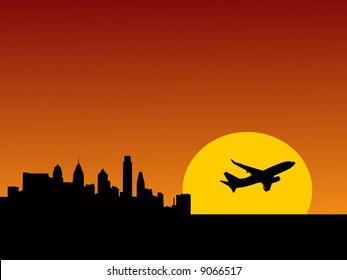 plane taking off at sunrise and Philadelphia skyline illustration