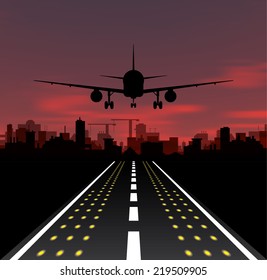 The Plane Is Taking Off At Sunset And Night City. Vector Illustration