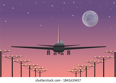 A plane taking off at sunset. There are stars and a moon in the sky. Vector illustration