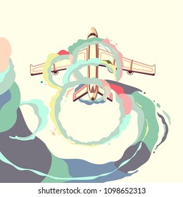 plane taking off. trail. colorful clouds. travel. vector illustration
