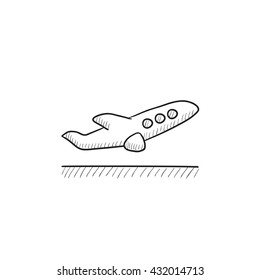 Plane taking off vector sketch icon isolated on background. Hand drawn Plane taking off icon. Plane taking off sketch icon for infographic, website or app.