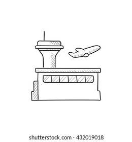 Plane taking off vector sketch icon isolated on background. Hand drawn Plane taking off icon. Plane taking off sketch icon for infographic, website or app.