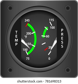 Plane temperature and pressure instrument indicator on a white background