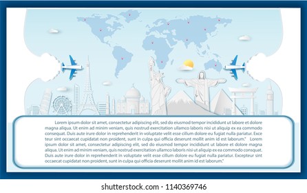 Plane and Template world map and Top world famous landmark for travel concept. blue Background Design, Card for greeting Poster, banner, paper art, Vector illustration.  