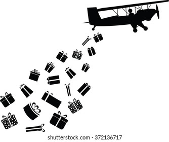 Plane throwing gifts illustrated on white