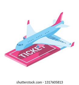 Plane ticket 3d vector icon isometric pink and blue color minimalism illustrate