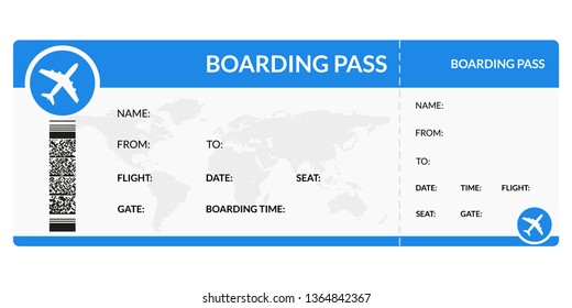 Plane ticket. Airline boarding pass template. Airport and plane pass document. Vector illustration.