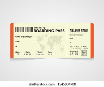 Plane ticket. Airline boarding pass template. Airport and plane pass document. 