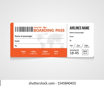 Plane ticket. Airline boarding pass template. Airport and plane pass document. 